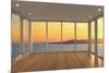 Empty Modern Lounge Area with Large Bay Window and View of Sea-FreshPaint-Mounted Photographic Print