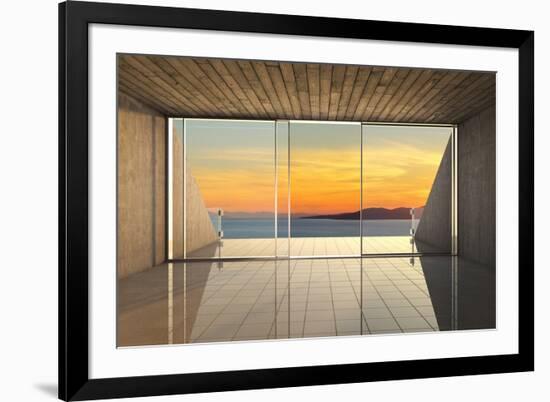 Empty Modern Lounge Area with Large Bay Window and View of Sea-FreshPaint-Framed Photographic Print