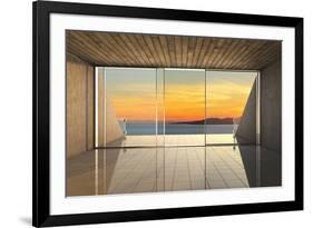 Empty Modern Lounge Area with Large Bay Window and View of Sea-FreshPaint-Framed Photographic Print