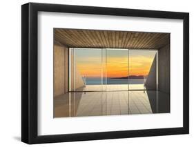 Empty Modern Lounge Area with Large Bay Window and View of Sea-FreshPaint-Framed Photographic Print