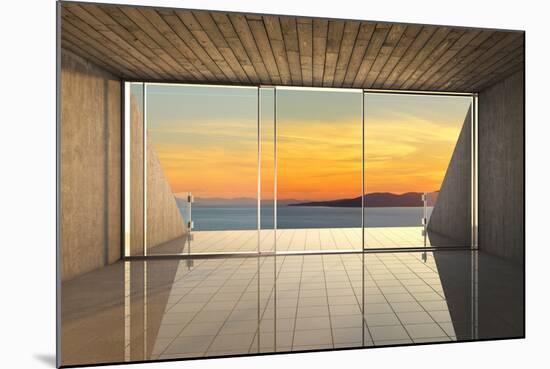 Empty Modern Lounge Area with Large Bay Window and View of Sea-FreshPaint-Mounted Photographic Print