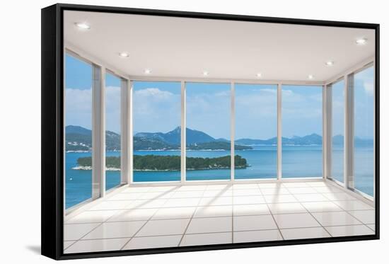 Empty Modern Lounge Area with Large Bay Window and View of Sea-FreshPaint-Framed Stretched Canvas