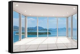 Empty Modern Lounge Area with Large Bay Window and View of Sea-FreshPaint-Framed Stretched Canvas