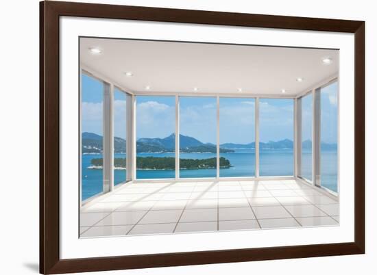 Empty Modern Lounge Area with Large Bay Window and View of Sea-FreshPaint-Framed Art Print