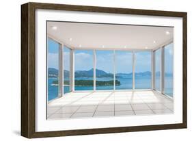 Empty Modern Lounge Area with Large Bay Window and View of Sea-FreshPaint-Framed Art Print