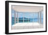 Empty Modern Lounge Area with Large Bay Window and View of Sea-FreshPaint-Framed Art Print