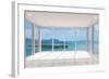 Empty Modern Lounge Area with Large Bay Window and View of Sea-FreshPaint-Framed Art Print