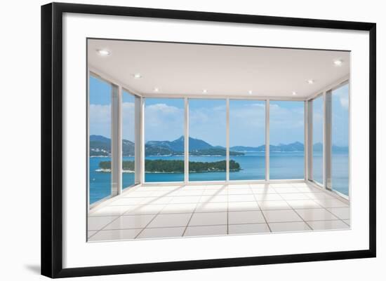 Empty Modern Lounge Area with Large Bay Window and View of Sea-FreshPaint-Framed Art Print