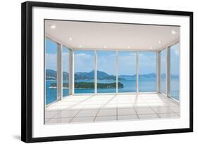 Empty Modern Lounge Area with Large Bay Window and View of Sea-FreshPaint-Framed Art Print