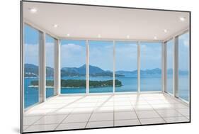 Empty Modern Lounge Area with Large Bay Window and View of Sea-FreshPaint-Mounted Premium Giclee Print