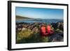 Empty red chairs at coast, Pacific Rim National Park Reserve, Vancouver Island, British Columbia...-null-Framed Photographic Print