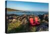 Empty red chairs at coast, Pacific Rim National Park Reserve, Vancouver Island, British Columbia...-null-Stretched Canvas