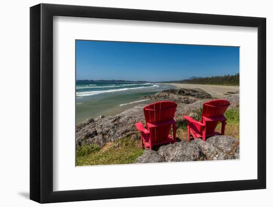 Empty red chairs at coast, Pacific Rim National Park Reserve, Vancouver Island, British Columbia...-null-Framed Photographic Print