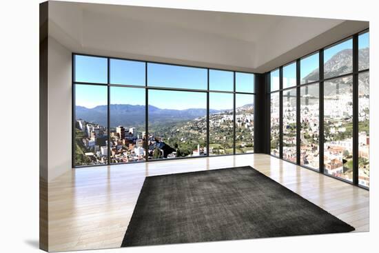 Empty Room Interior with Floor to Ceiling Windows and Scenic View-PlusONE-Stretched Canvas