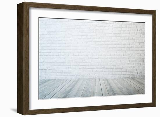 Empty Room with White Brick Wall and Wooden Floor-auris-Framed Art Print