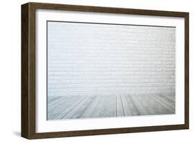 Empty Room with White Brick Wall and Wooden Floor-auris-Framed Art Print