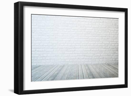 Empty Room with White Brick Wall and Wooden Floor-auris-Framed Art Print