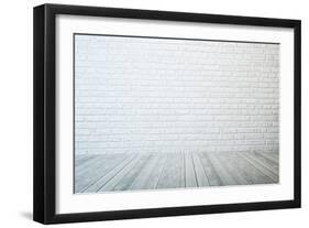 Empty Room with White Brick Wall and Wooden Floor-auris-Framed Art Print