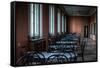 Empty Tables in Long Room-Nathan Wright-Framed Stretched Canvas