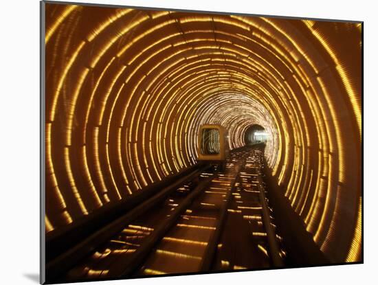 Empty Tourist Subway Car Runs Through Illuminated Tunnel in Shanghai, China-null-Mounted Photographic Print