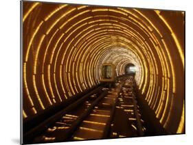 Empty Tourist Subway Car Runs Through Illuminated Tunnel in Shanghai, China-null-Mounted Photographic Print