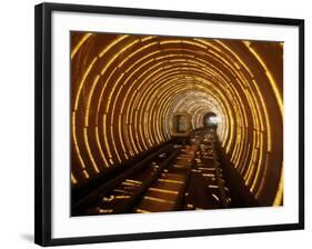 Empty Tourist Subway Car Runs Through Illuminated Tunnel in Shanghai, China-null-Framed Photographic Print