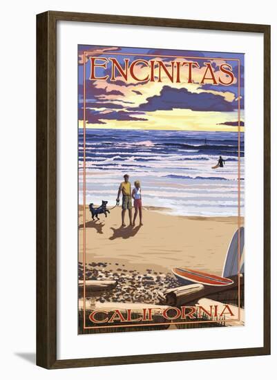Encinitas, California - Beach and Sunset-Lantern Press-Framed Art Print
