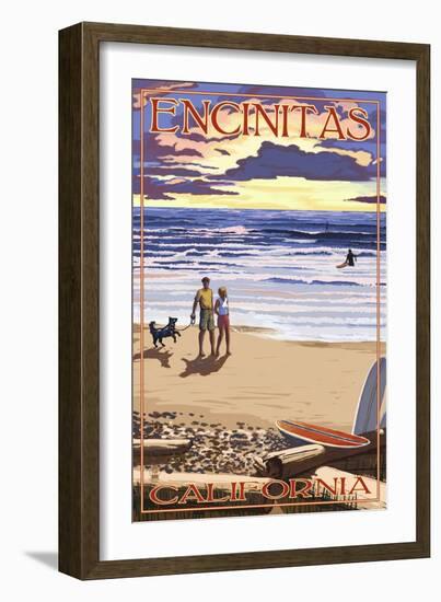 Encinitas, California - Beach and Sunset-Lantern Press-Framed Art Print