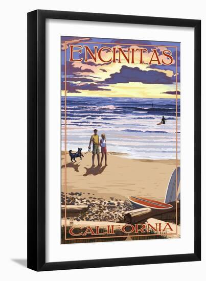 Encinitas, California - Beach and Sunset-Lantern Press-Framed Art Print