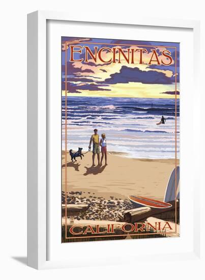 Encinitas, California - Beach and Sunset-Lantern Press-Framed Art Print