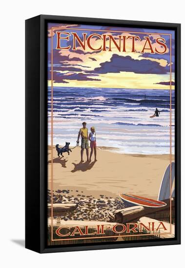 Encinitas, California - Beach and Sunset-Lantern Press-Framed Stretched Canvas