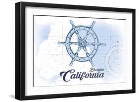 Encinitas, California - Ship Wheel - Blue - Coastal Icon-Lantern Press-Framed Art Print