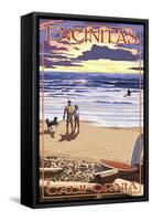 Encinitas, California - Sunset Beach Scene-Lantern Press-Framed Stretched Canvas