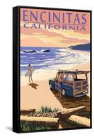 Encinitas, California - Woody on Beach-Lantern Press-Framed Stretched Canvas