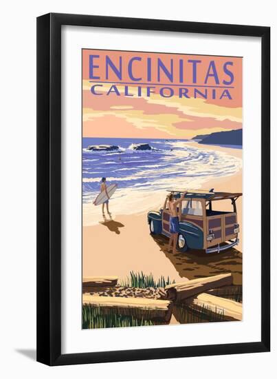 Encinitas, California - Woody on Beach-Lantern Press-Framed Art Print