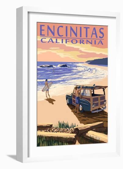 Encinitas, California - Woody on Beach-Lantern Press-Framed Art Print