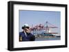 Engineer in Hard-Hat Overlooking Large Commercial Container Port and Ship-lagardie-Framed Photographic Print