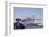 Engineer in Hard-Hat Overlooking Large Commercial Container Port and Ship-lagardie-Framed Photographic Print