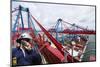 Engineer Overlooking Busy Container-Port-lagardie-Mounted Photographic Print