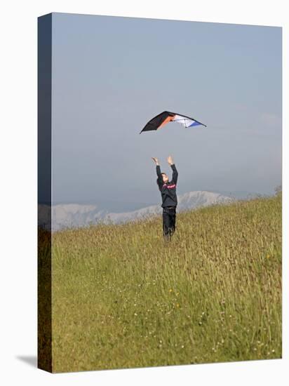 England, Isle of Wight; Boy Flying a Kite on the Downs Near Compton Bay in Southwest of the Island-Will Gray-Stretched Canvas