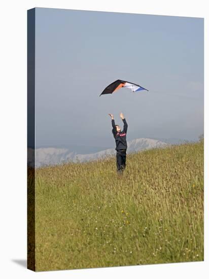 England, Isle of Wight; Boy Flying a Kite on the Downs Near Compton Bay in Southwest of the Island-Will Gray-Stretched Canvas
