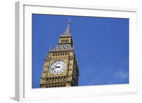 England, London, Big Ben, Aeroplane Flying in Blue Sky in Background-Michael Blann-Framed Photographic Print