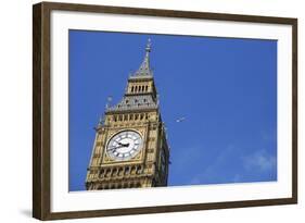 England, London, Big Ben, Aeroplane Flying in Blue Sky in Background-Michael Blann-Framed Photographic Print