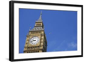 England, London, Big Ben, Aeroplane Flying in Blue Sky in Background-Michael Blann-Framed Photographic Print