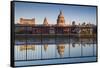 England, London, Reflection in Puddle, Near Millennium Bridge, Dawn-Walter Bibikow-Framed Stretched Canvas