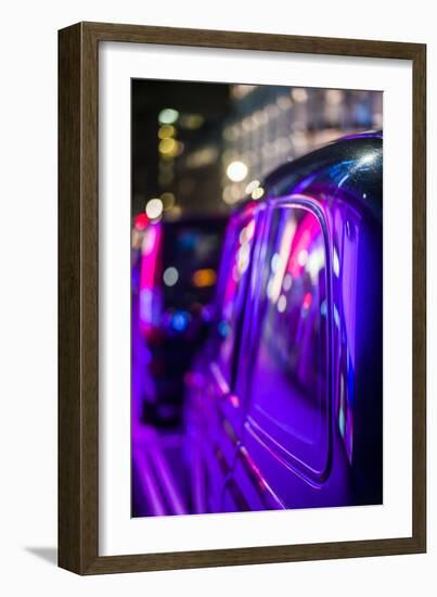 England, London, Soho, London Taxis Lit by Neon Lights-Walter Bibikow-Framed Photographic Print