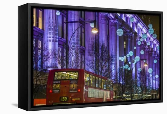 England, London, Soho, Oxford Street, Christmas Decorations and Bus-Walter Bibikow-Framed Stretched Canvas