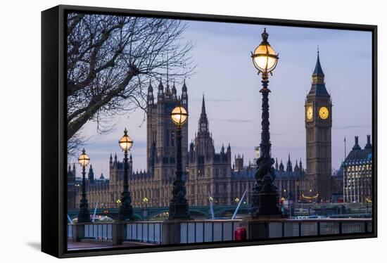 England, London, Victoria Embankment, Houses of Parliament and Big Ben-Walter Bibikow-Framed Stretched Canvas