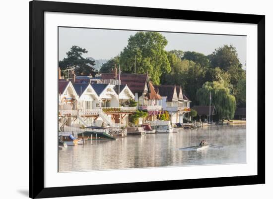 England, Oxfordshire, Henley-on-Thames, Boathouses and Rowers on River Thames-Steve Vidler-Framed Photographic Print