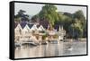 England, Oxfordshire, Henley-on-Thames, Boathouses and Rowers on River Thames-Steve Vidler-Framed Stretched Canvas